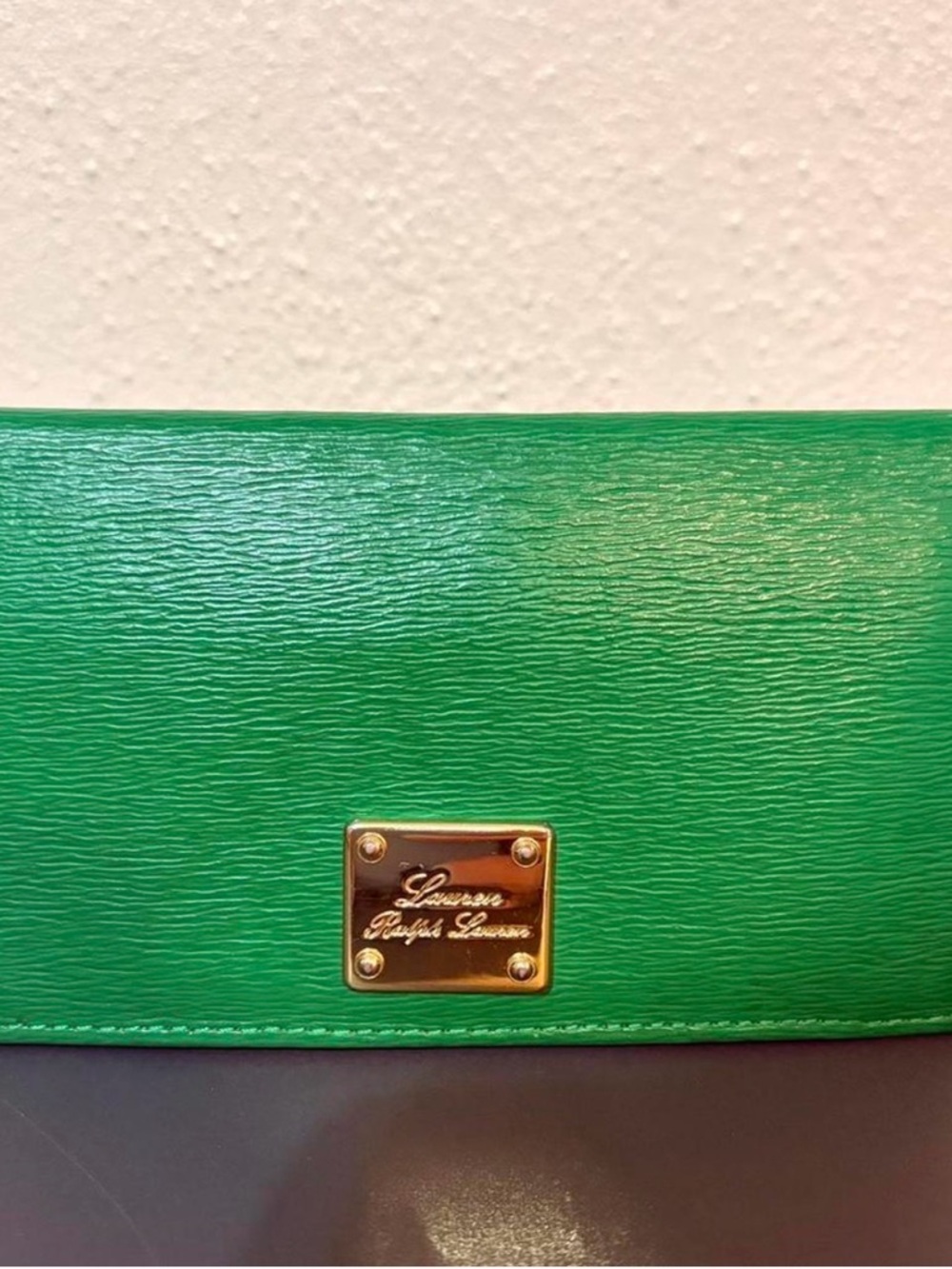 Lauren Ralph Lauren Kelly Green Leather Clutch with Gold Plaque